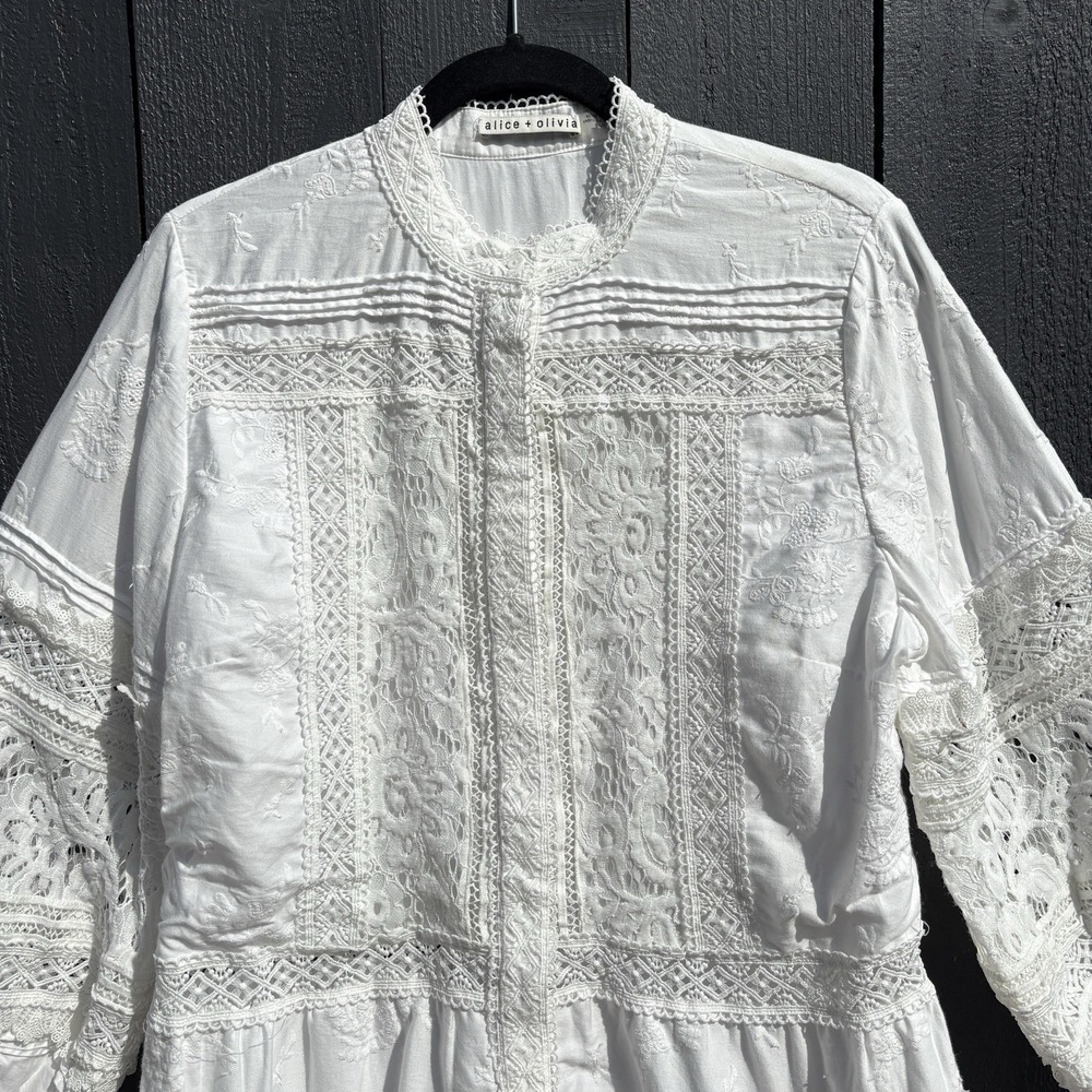 Alice + Olivia Cailin Tunic Tiered Mini Dress L Cottage Boho Lace Embroidered - Picture 3 of 9
